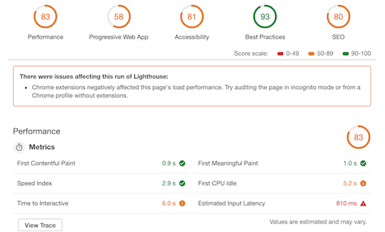 Screenshot of Lighthouse tools report